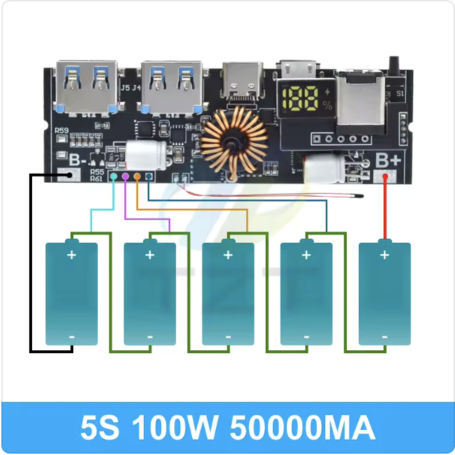 [PB-5S-100W-MULTI] Модуль Power Bank 5S 100W PD/QC Multi-Port: 2×USB-A + USB-C + Micro-USB + Lightning + DC — LED