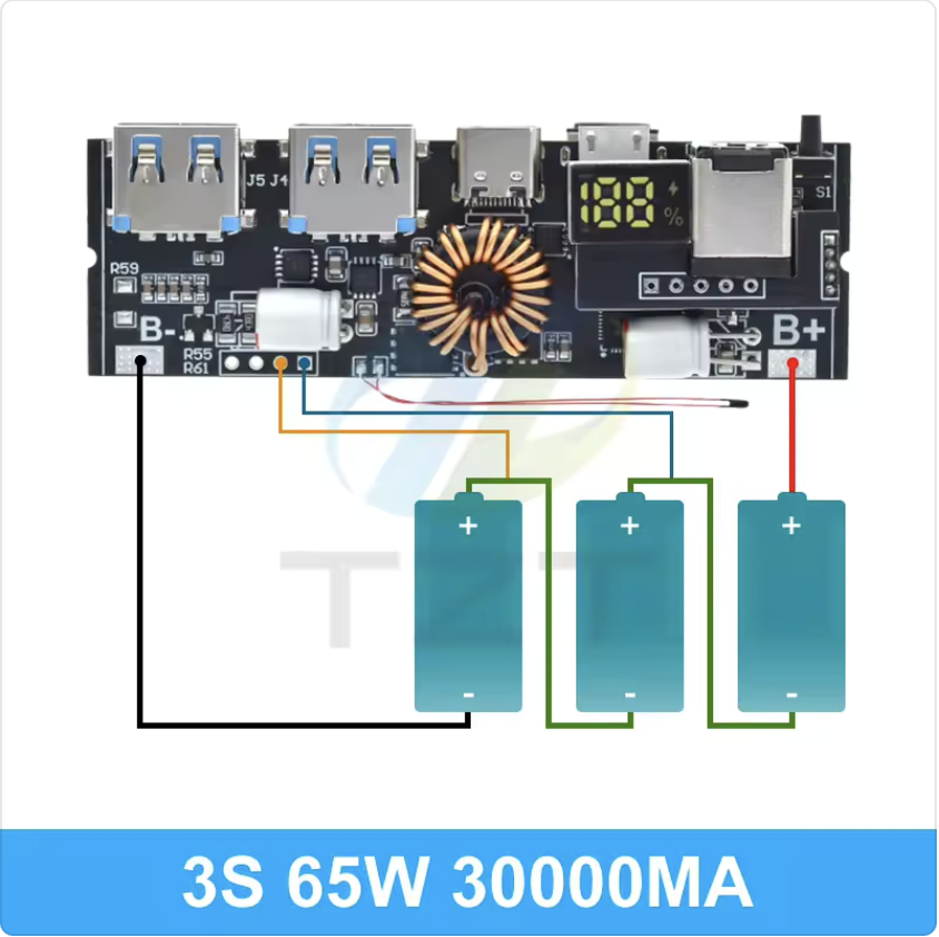 Модуль Power Bank 3S 65W PD/QC Multi-Port: 2×USB-A + USB-C + Micro-USB + Lightning + DC — LED